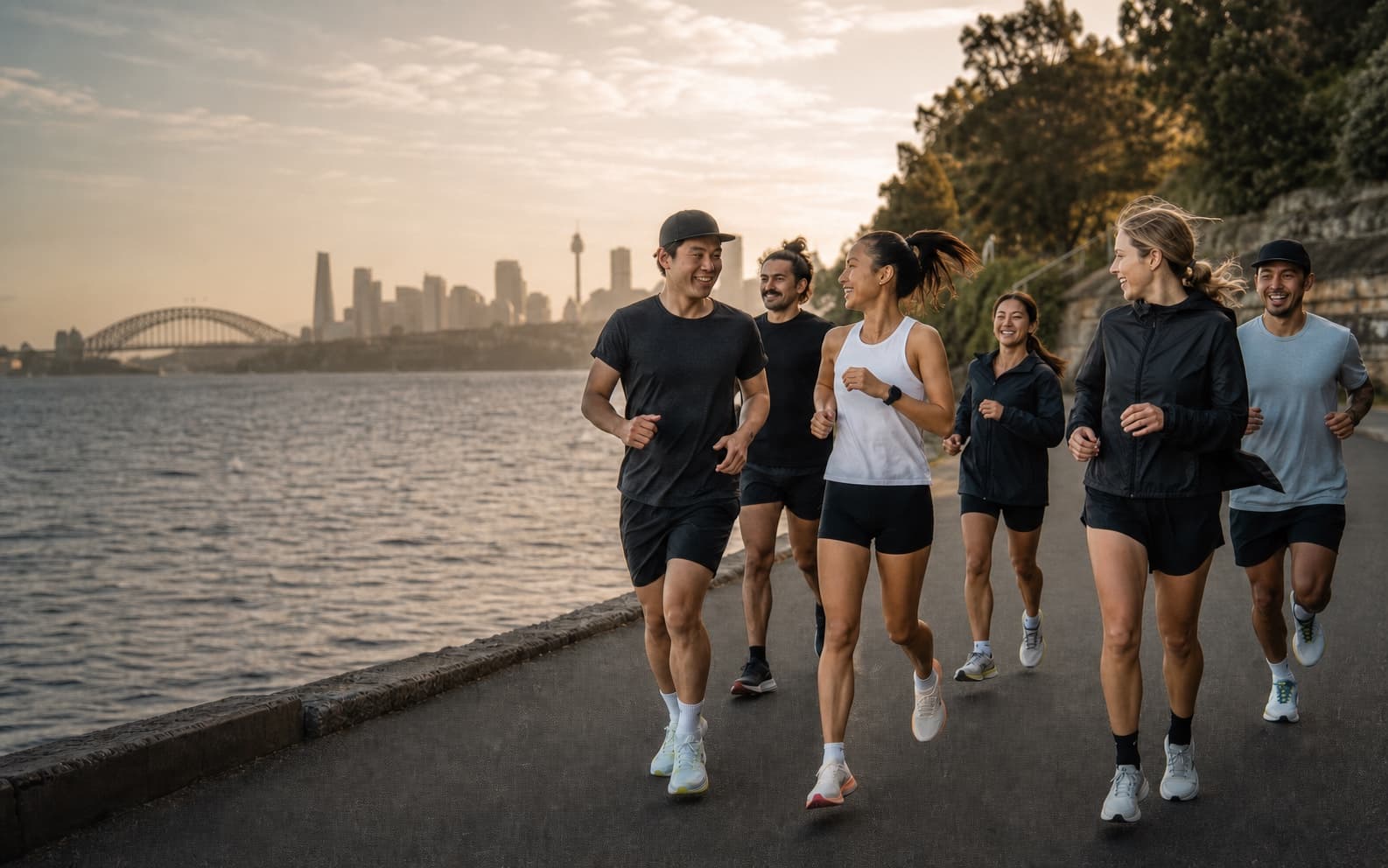 A group of runners setting off together through a city park
